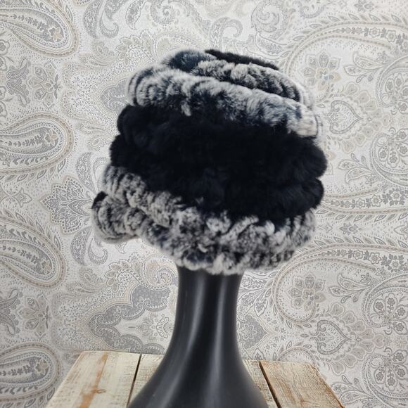 Russian Winter Rex Rabbit fur brimmed peaked hat black/gray Mob Wife Luxury - Picture 6 of 8